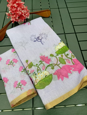 PRTRENDZ Printed Kanjivaram Pure Cotton, Cotton Linen Saree(Blue)