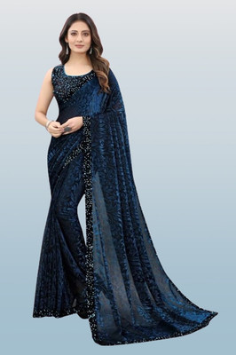 Vragi Floral Print Bollywood Lycra Blend Saree(Blue)
