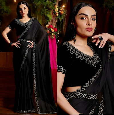HIJA TRENDZ Solid/Plain Bollywood Georgette Saree(Black)