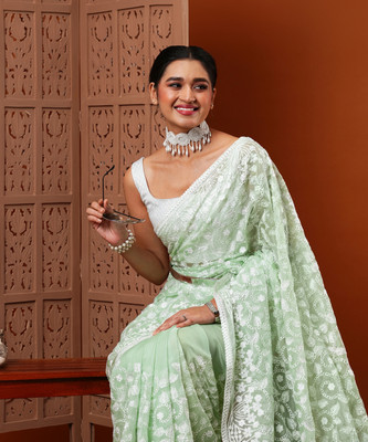 Divastri Embroidered Bollywood Organza Saree(Light Green)