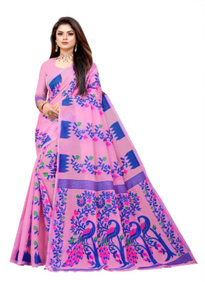 Vedant Vastram Floral Print Jamdani Pure Cotton Saree(Magenta)