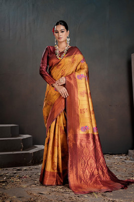 ROOP LAVANYA Woven Kanjivaram Jacquard, Art Silk Saree(Mustard)