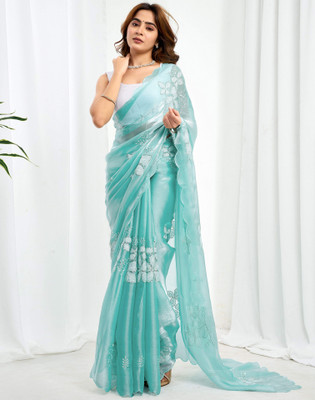 Satrani Embellished, Embroidered Bollywood Jimmy choo, Chiffon Saree(Light Blue)