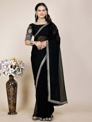 Bhojal Creation Embroidered, Solid/Plain Daily Wear Chiffon Saree(Black)