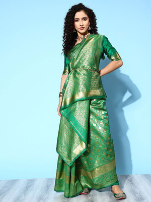 Anouk Rustic Woven Dharmavaram Silk Blend Saree(Green)