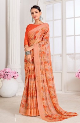 JustEthnic Floral Print Bollywood Chiffon Saree(Orange)