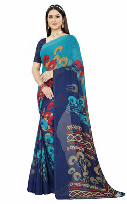 Ridhisoft Floral Print Bollywood Cotton Blend Saree(Light Blue)