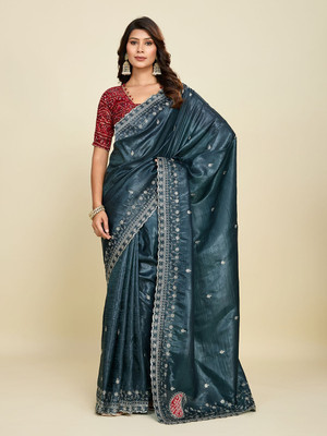 Ethina Fashion Embroidered Bollywood Crepe Saree(Dark Blue)