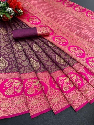 Bansari Textiles Woven Dharmavaram Jacquard, Cotton Silk Saree(Purple)