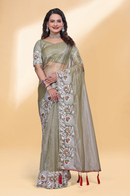 DRIZOMIZ Embroidered Bollywood Organza Saree(Light Green)