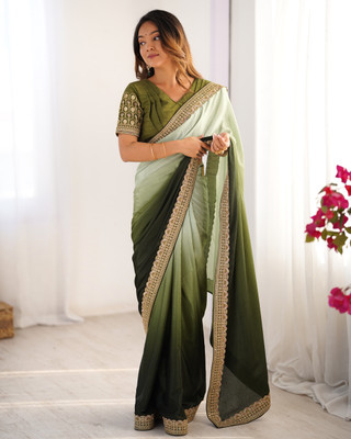 Sajavat Solid/Plain, Embroidered, Embellished Bollywood Silk Blend Saree(Green)