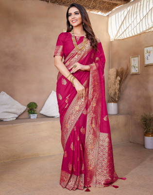 Satrani Woven, Embellished Banarasi Silk Blend, Jacquard Saree(Pink, Gold)
