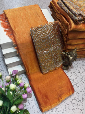 Pfancy silk Solid/Plain, Embroidered, Embellished, Self Design, Woven Kanjivaram Polyester Saree(Orange)