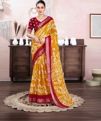 Samah Printed Kalamkari Linen, Cotton Blend Saree(Maroon, Yellow)