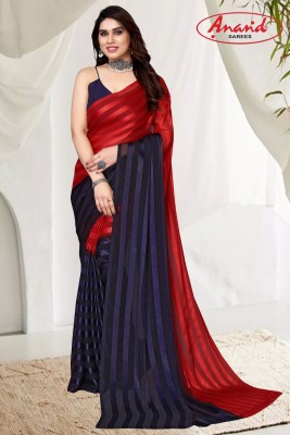 Anand Sarees Striped Bollywood Satin Saree(Red, Blue)