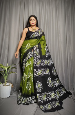 PriorityPoint Printed Daily Wear Pure Cotton Saree(Green, Black)