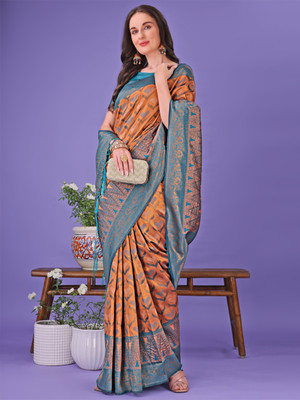 Tasrika Woven Banarasi Cotton Silk Saree(Orange)