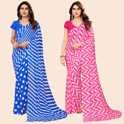 kashvi sarees Striped, Floral Print Daily Wear Georgette Saree(Pack of 2, Light Blue, White, Pink)