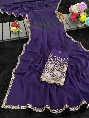 saanvi Embroidered, Solid/Plain Bollywood Art Silk Saree(Purple)