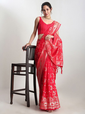 Janasya Woven Banarasi Silk Blend Saree(Red)