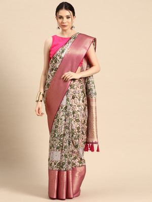 SILK ZONE Digital Print Banarasi Silk Blend Saree(Multicolor)