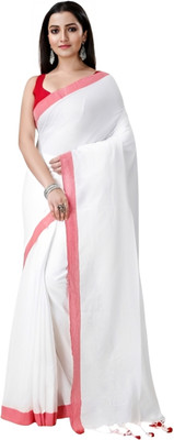 Amita Collections Solid/Plain Handloom Pure Cotton Saree(White)