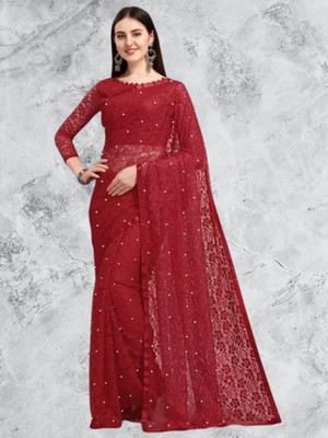 SwiftStyle Solid/Plain Bollywood Net Saree(Maroon)