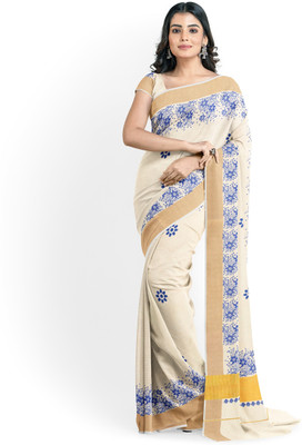 Chithra Fabrics Printed Kasavu Pure Cotton Saree(Cream)
