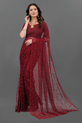 DHARMEE Embellished Bollywood Net, Brasso Saree(Maroon)