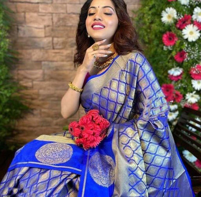 Amrut Collection Woven Banarasi Silk Blend Saree(Blue)