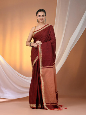 makalitraders Self Design Handloom Cotton Blend Saree(Maroon)