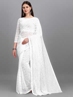 CARRYOX Self Design Bollywood Net Saree(White)