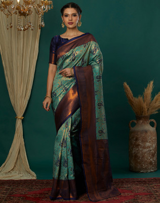 Divastri Woven, Embellished Kanjivaram Silk Blend, Jacquard Saree(Green, Blue)