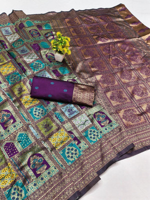 Bansari Textiles Self Design, Woven, Applique, Printed, Temple Border, Striped Paithani Jacquard, Cotton Blend Saree(Magenta)