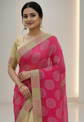 Anugrah Textile Printed Banarasi Lycra Blend, Chiffon Saree(Pink, Cream)