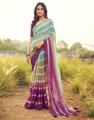 Satrani Embroidered, Woven, Striped Bollywood Georgette Saree(Magenta, Green, Blue)