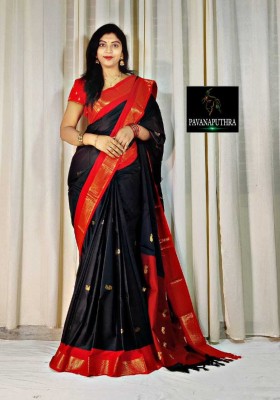 Clothing Hub Woven Paithani Cotton Silk, Silk Blend Saree(Black)