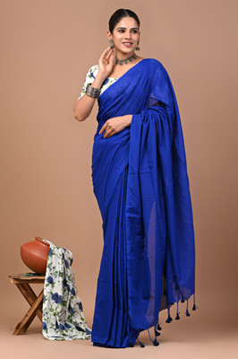 Dreamwrap Solid/Plain Handloom Khadi Saree(Blue)