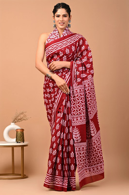 LOVWEAR Printed Ikkat Pure Cotton Saree(Maroon)