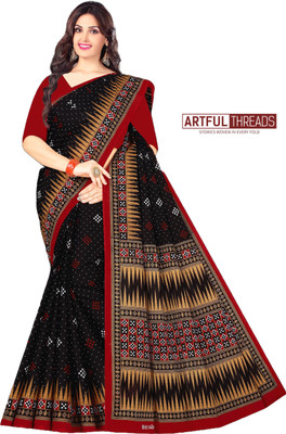 ARTFULTHREADS Printed Sambalpuri Pure Cotton Saree(Black)