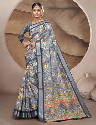 Gajal Printed Kanjivaram Pure Cotton, Cotton Linen Saree(Grey)