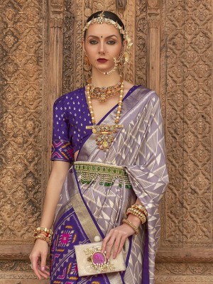 Divastri Printed Banarasi Silk Blend Saree(Grey, Purple)