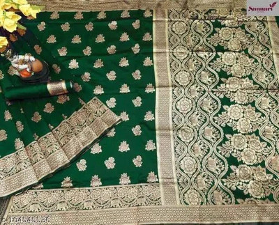 SHRIMAY Woven Kanjivaram Silk Blend Saree(Dark Green)