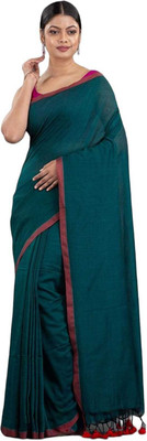 HouseOfCommon Solid/Plain Handloom Cotton Blend Saree(Dark Green)