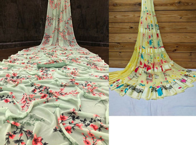 Sanjana Silk Floral Print Bollywood Georgette Saree(Pack of 2, Green)