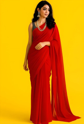 BS CREATION Solid/Plain Bollywood Georgette Saree(Red)