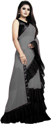 Queen worth Solid/Plain Bollywood Georgette Saree(Grey, Black)