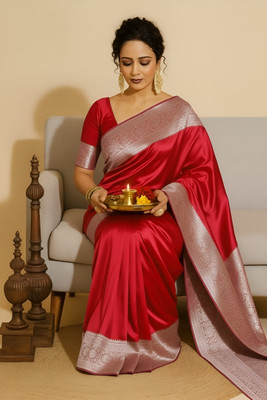 Sijileen Woven, Self Design Banarasi Satin, Silk Blend Saree(Red)