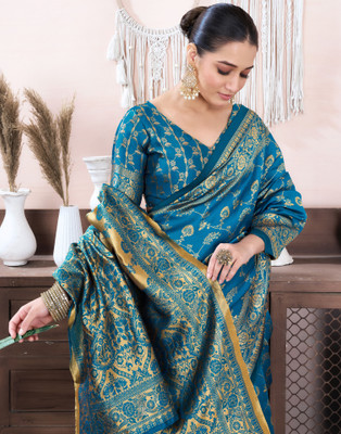 Samah Woven, Embellished Banarasi Silk Blend, Jacquard Saree(Blue)