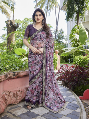 TTH Floral Print Bollywood Georgette Saree(Pink, Purple)
